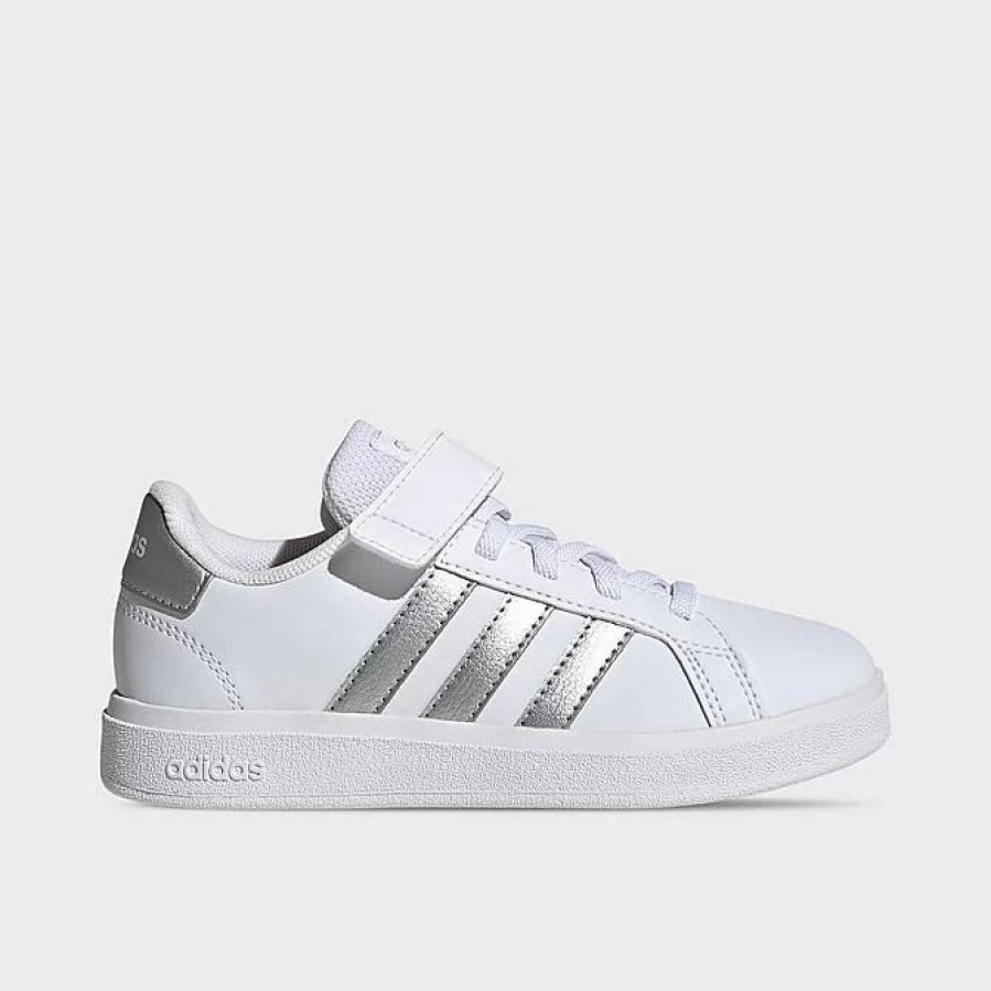 Kids * | Little Kids' Adidas Grand Court Hook-And-Loop Stretch Lace Casual Shoes White/Matte Silver/Matte Silver Gw6516P 100