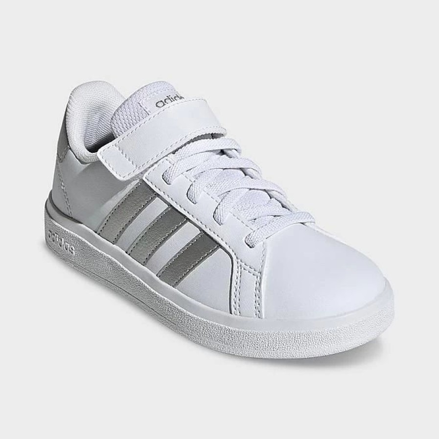 Kids * | Little Kids' Adidas Grand Court Hook-And-Loop Stretch Lace Casual Shoes White/Matte Silver/Matte Silver Gw6516P 100